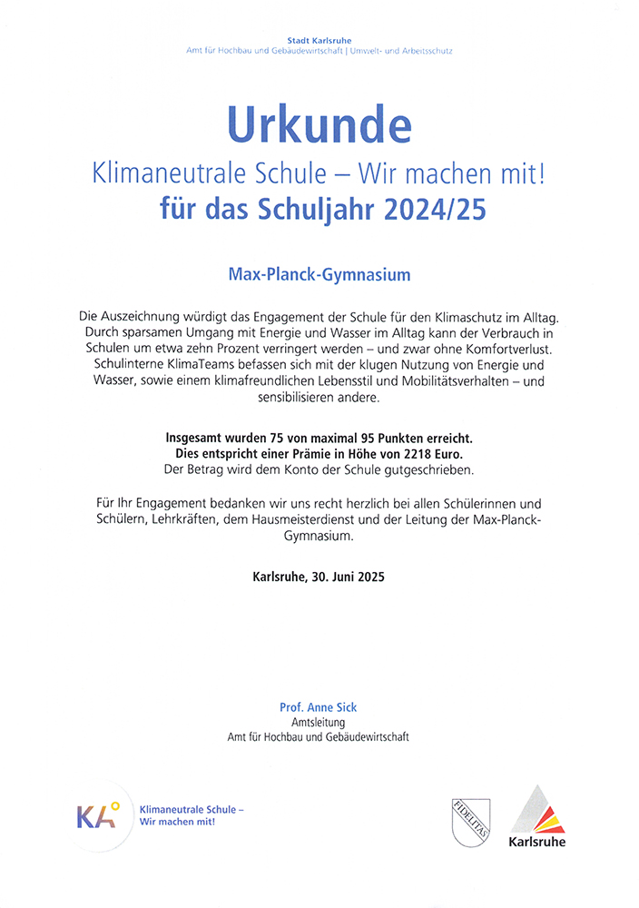 Urkunde Klimaneutrale Schule 2025